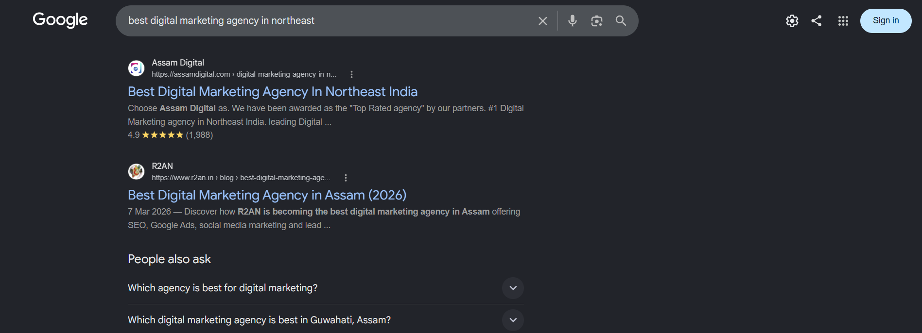 Google search for best digital marketing agency in northeast showing R2AN ranking number 2