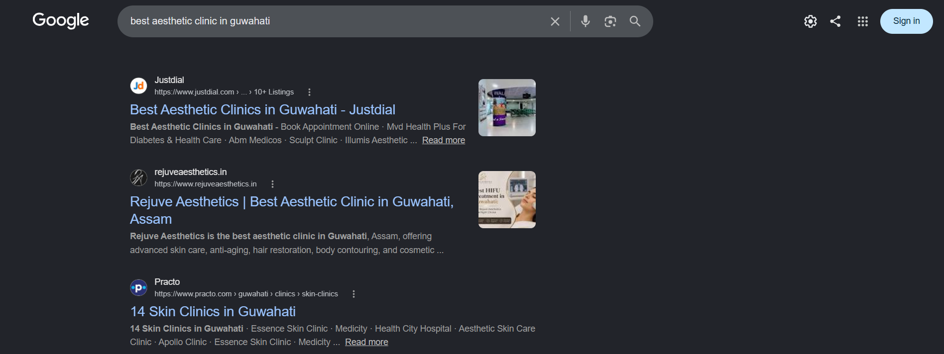 Google search for best aesthetic clinic in guwahati showing Rejuve Aesthetics ranking number 1
